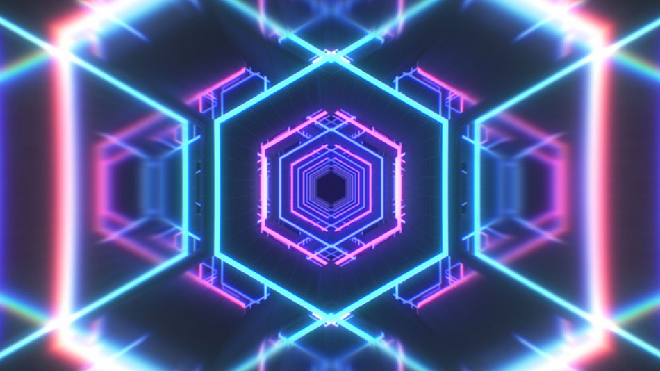 Abstract geometric designs in neon that resemble computer parts and circuitry