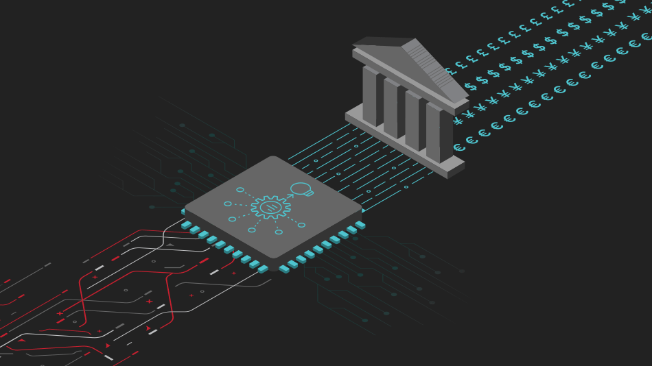 Simple illustration of circuitry and a surface mount device facing the virtual doors of a financial institution's records